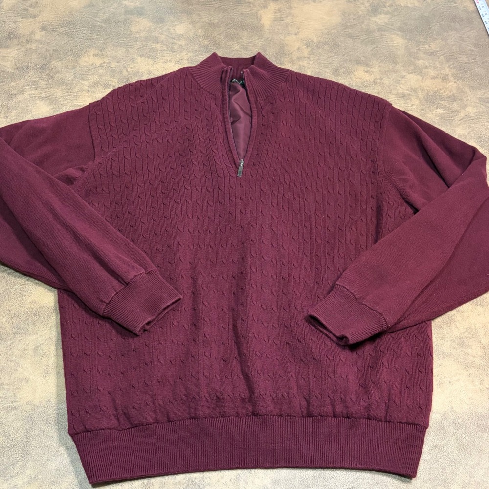Scottish Winds Quarter Zip Sweater Mens XL Burgundy Lined Cable Knit Pullover